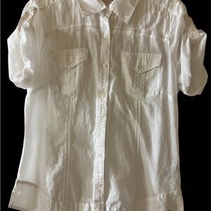 DKNY White Short Sleeve Button Up Shirt Size S Collared Blouse Preppy Minimalist